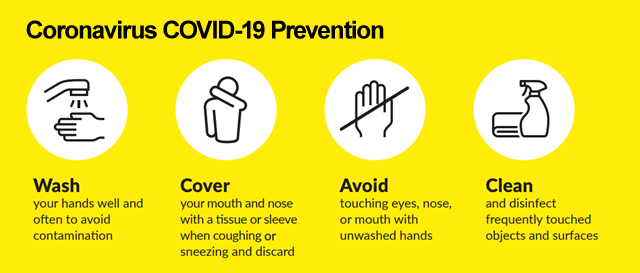 COVID-19 prevention information - wash hands - cover mouth when coughing and sneezing - avoid touching face - clean and disinfect surfaces